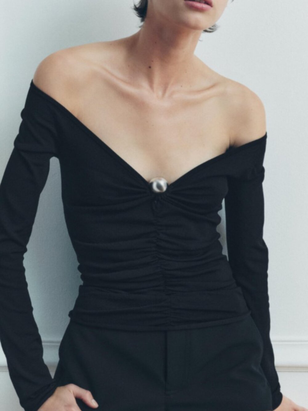Zara Ruched Long Sleeve Black with Silver Details
